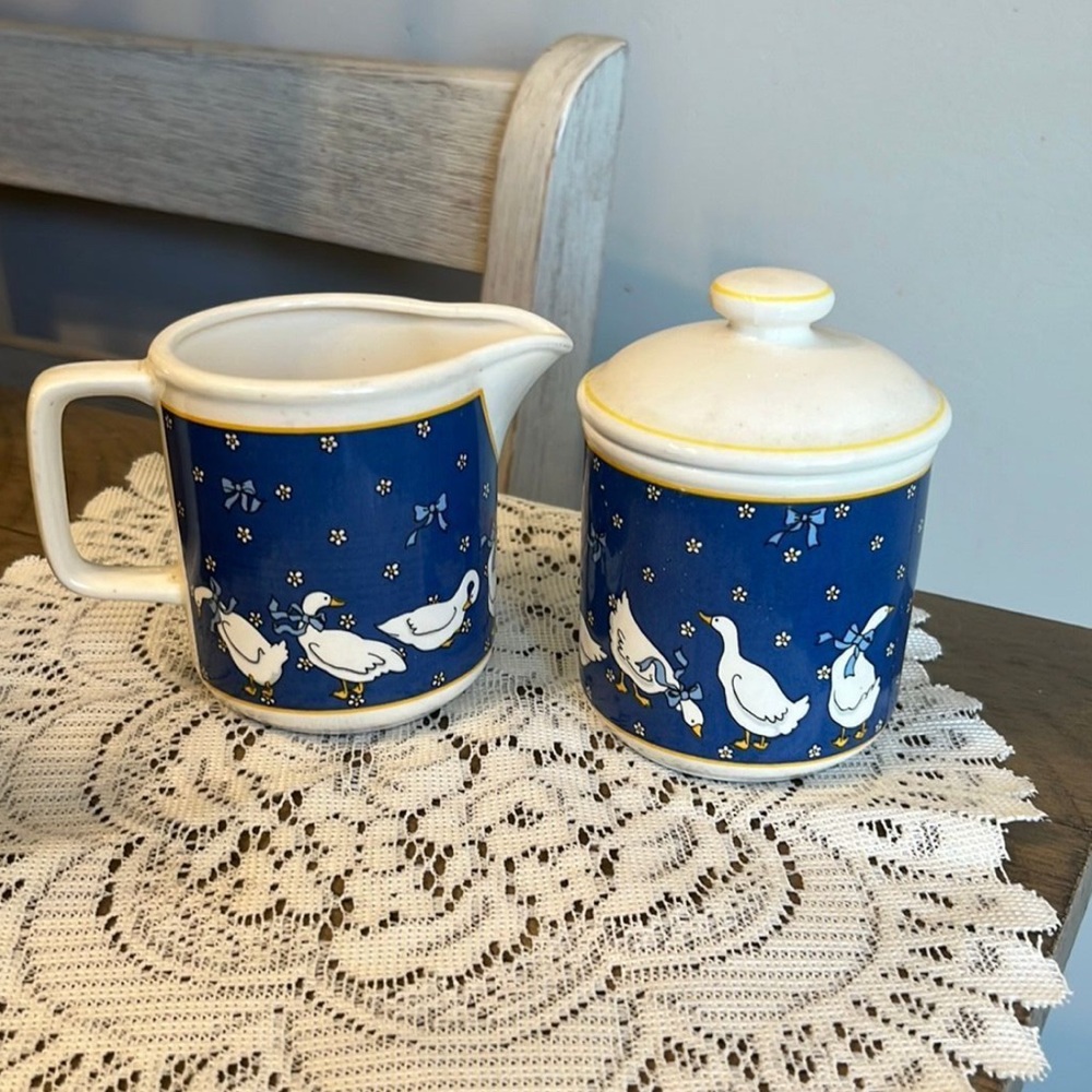 Blue and White Ceramic Creamer and Sugar Set with Duck Design